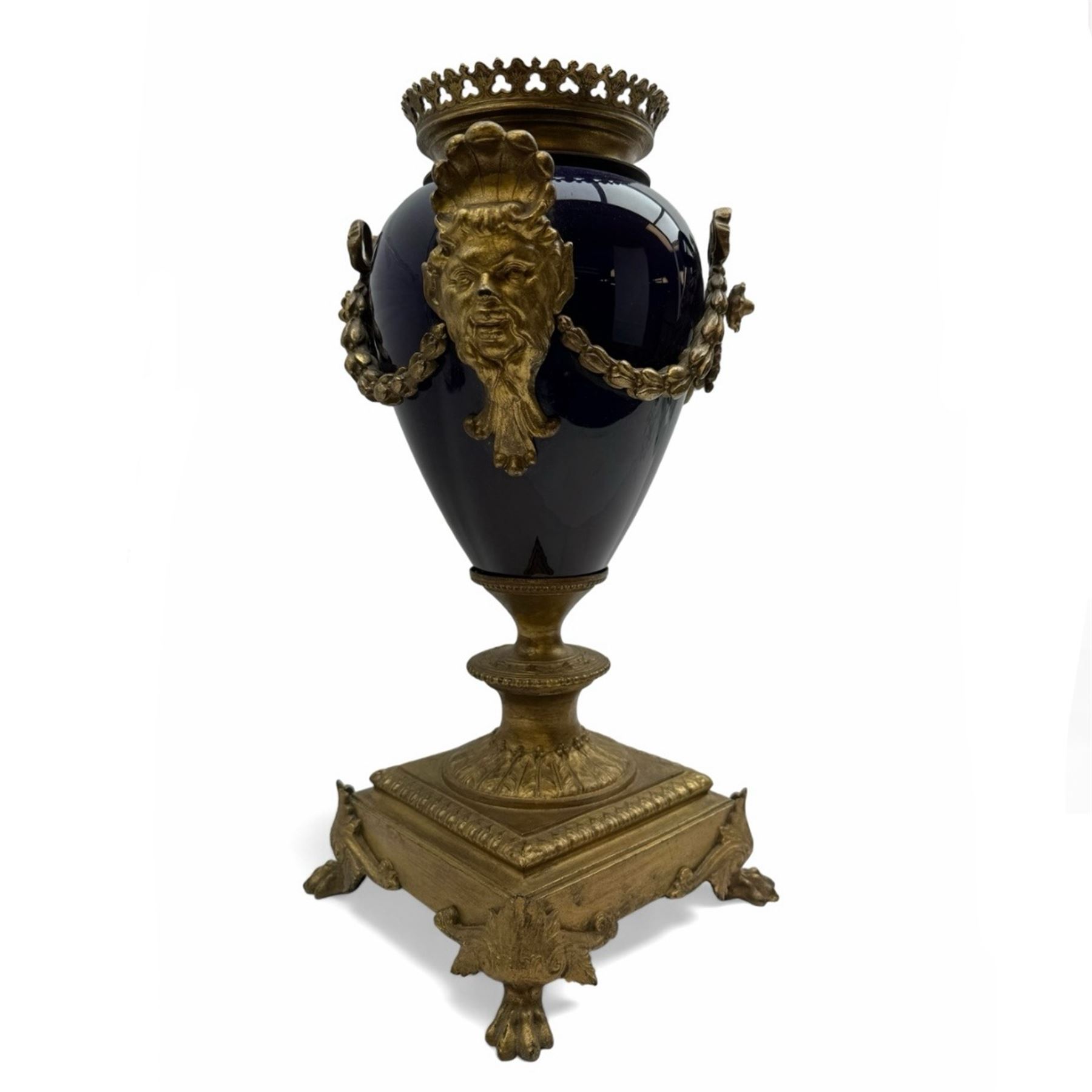 19th century gilt brass mounted lamp base, raised upon lions claw feet, H43cm