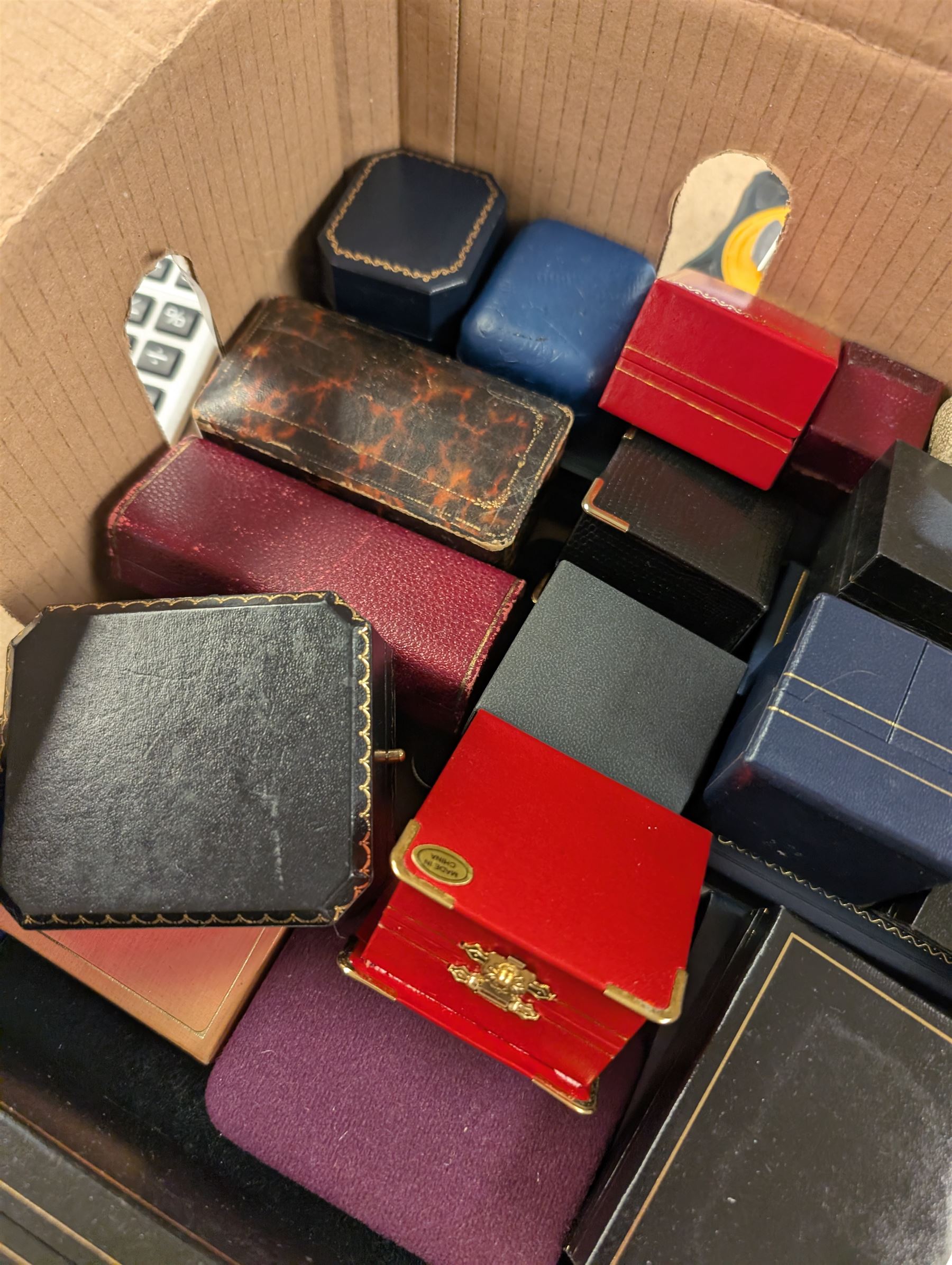Collection of jewellery boxes including velvet, leather and card examples
