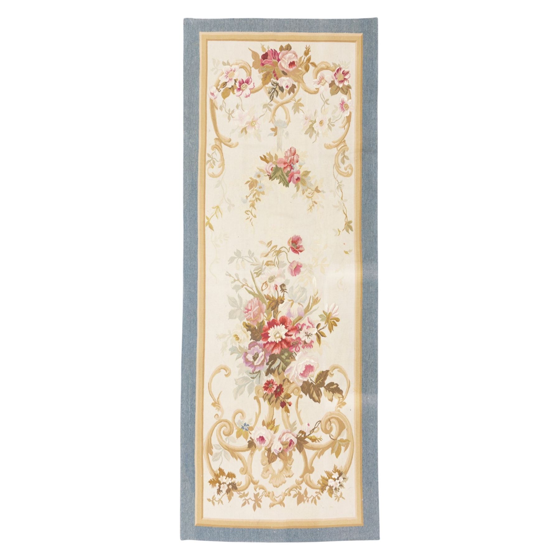 Aubusson flatwoven runner, cream field decorated with floral bouquets and scrolling foliate cartouche, within pale blue outer border and ochre guard bands