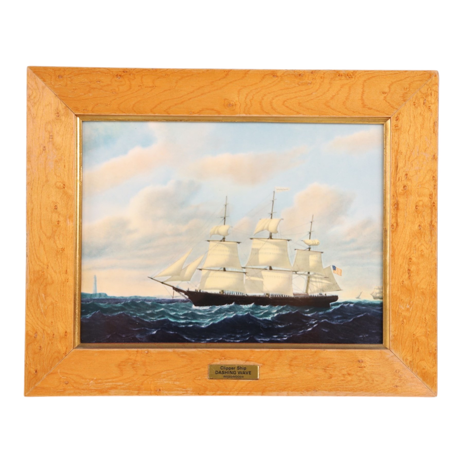 Set of Six Wedgwood plaques, each decorated with a clipper ship, inscribed to the reverse, in maple frames, 25cmx31cm