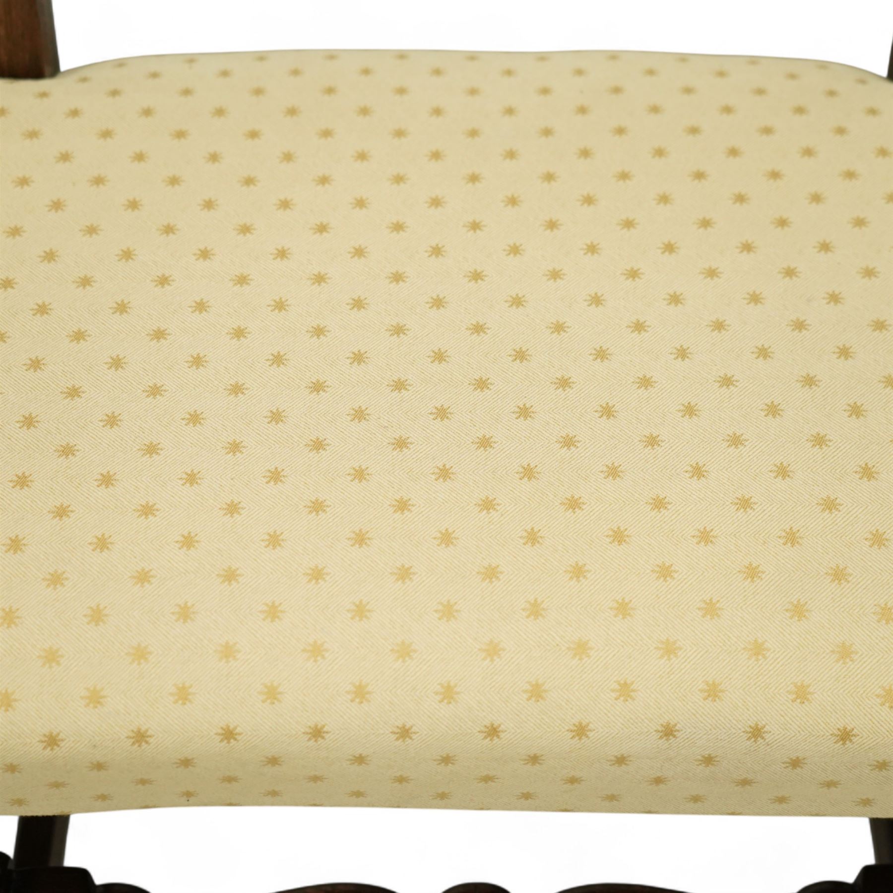 Bylaw of Ross On Wye - 17th-century design oak three-seat hall bench, triple arched panelled back, padded seat upholstered in a yellow herringbone ground fabric with star motif, raised on turned baluster legs united and turned front stretcher