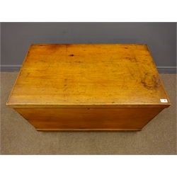 19th century camphor wood blanket box, hinged lid, two carrying handles, on castors, W99cm, H63cm, D58cm  