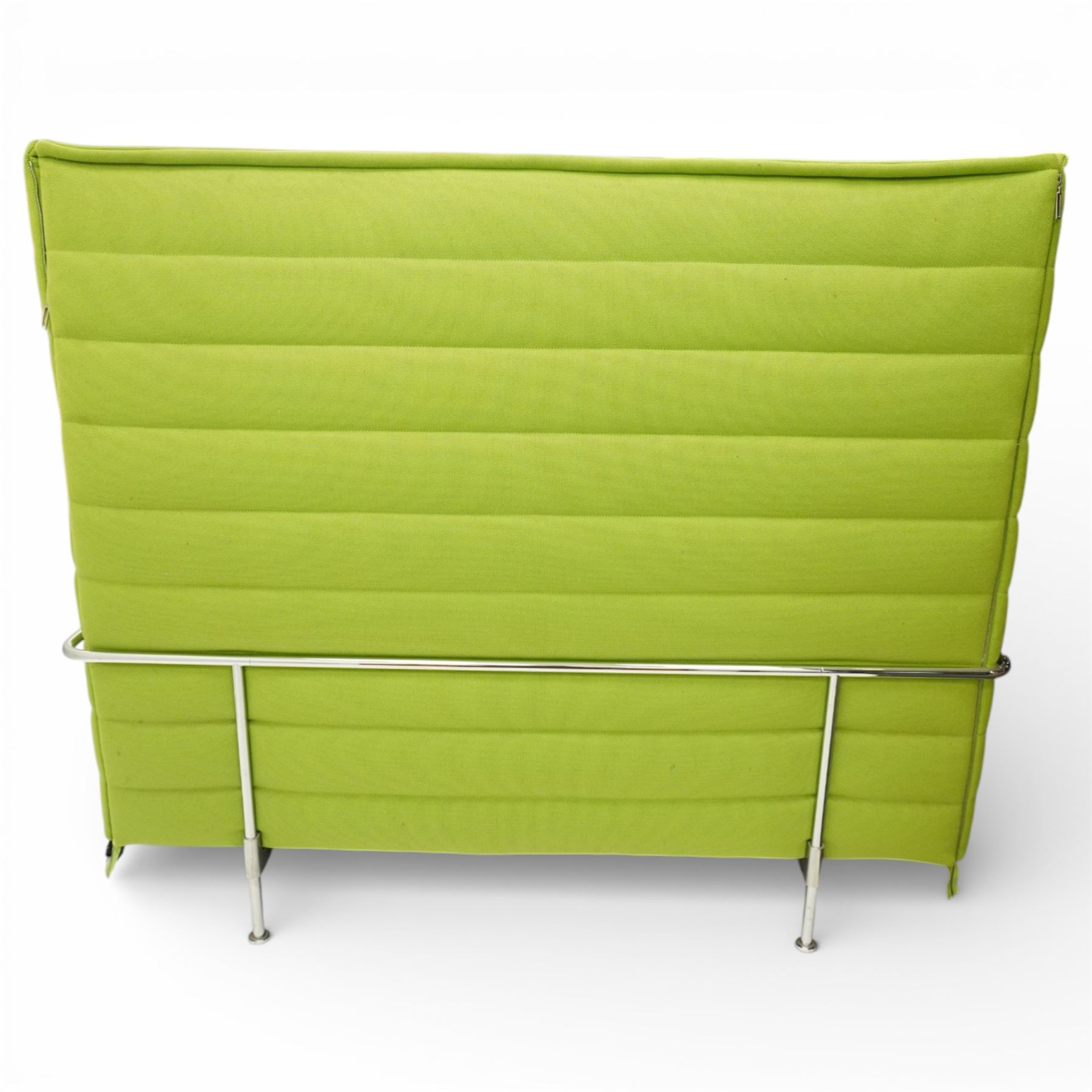 Ronan and Erwan Bouroullec (1971- ; 1976-) - Vitra ‘Alcove’ sofa, with high winged sides and back upholstered in green ‘Credo’ fabric with horizontal channel detailing, fitted seat cushion and scatter cushion, on chrome tubular frame supports