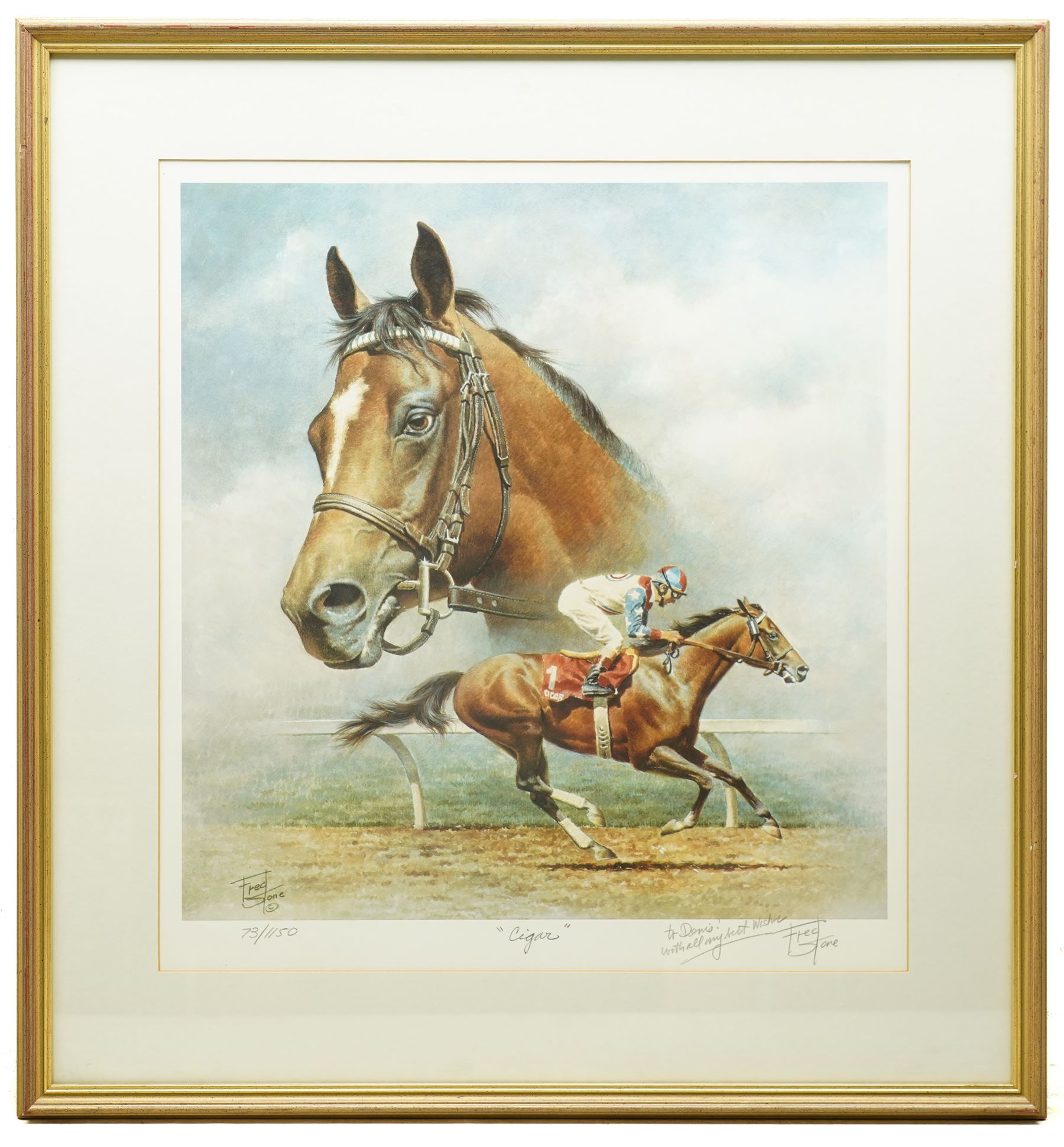 Sue Wingate (British 1947-2016): 'Shergar' with Walter Swinburn, pencil sketch signed titled and dated 1998, 37cm x 51cm; together with a print of 'Cigar' after Fred Stone, signed in pencil, 46cm x 44cm (2)