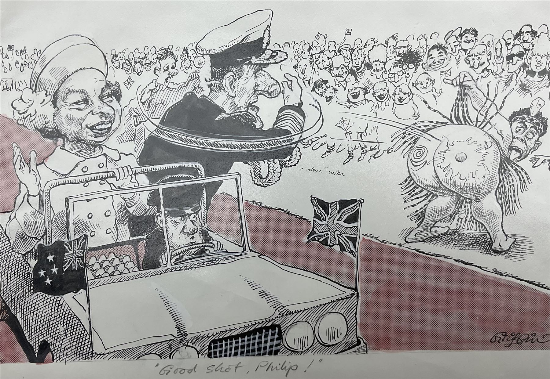Charles Griffin (British 1946-): 'Good Shot, Philip!' Queen Elizabeth and Prince Phillip New Zealand tour, pen and ink cartoon signed and captioned, 29cm x 41cm (unframed)