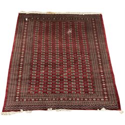  Large Persian Bokhara red ground carpet, the field decorated with eight rows of Gul motifs, wide multi-band borders decorated with repeating geometric motifs