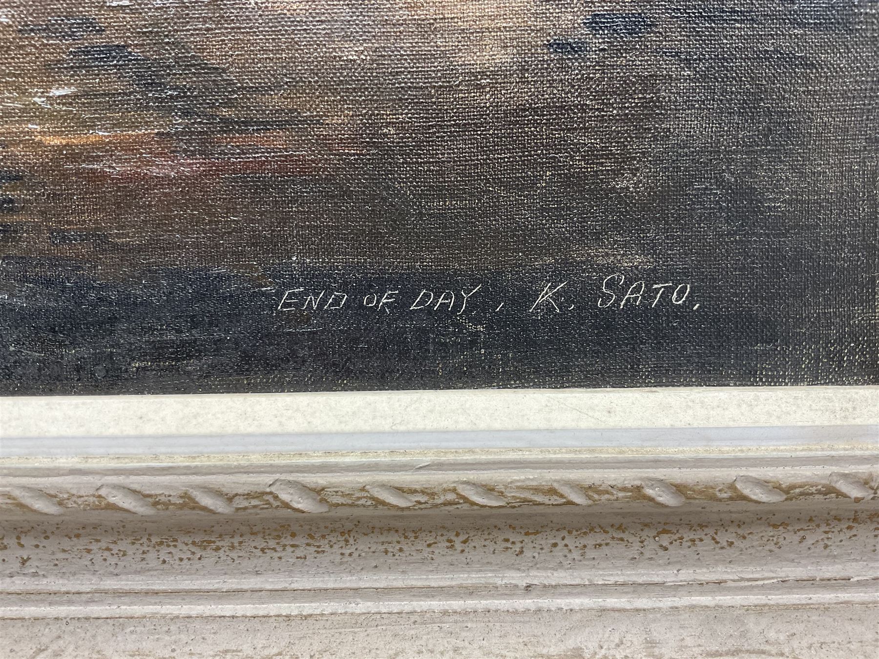 K Sato (Japanese 20th century): 'End of Day', oil on canvas signed and titled 52cm 44cm 
Provenance: purchased by Andrew D Sakellariou, Yokohama Xmas 1956, inscribed on stretcher