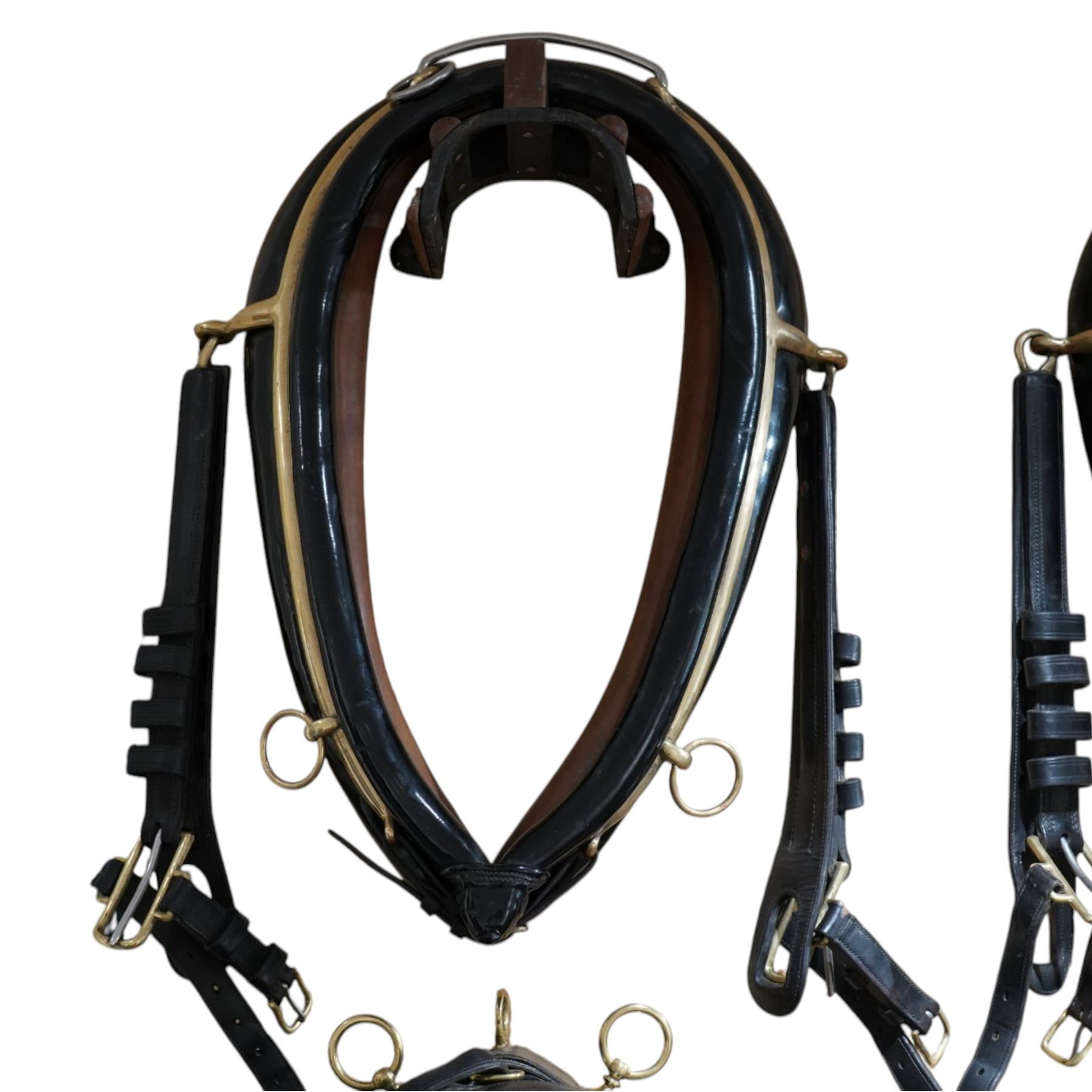 John McDonald - team set of black leather and brass harness, including four black patent leather collars (24