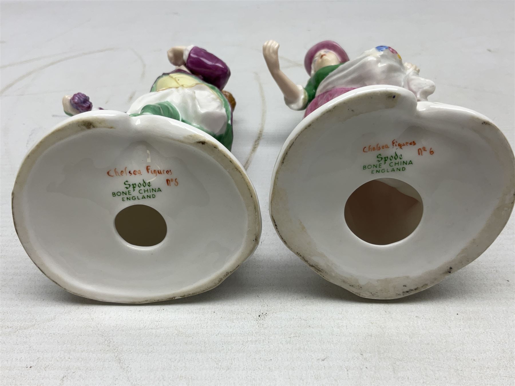 Seven Spode Chelsea figures, comprising no.1, no.2, no.3, no.4, no.6 and two further smaller examples, together with a Dresden figure of a gentleman, no. K10003, and a Delft style figure of a boy, some with boxes, tallest H23cm (9)