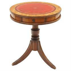 Regency style mahogany drum table, circular red leather inset top with gilt and blind tool...