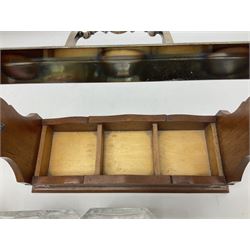Edwardian silver plate mounted oak tantalus, containing three square sided cut glass decanters, complete with key, H33cm