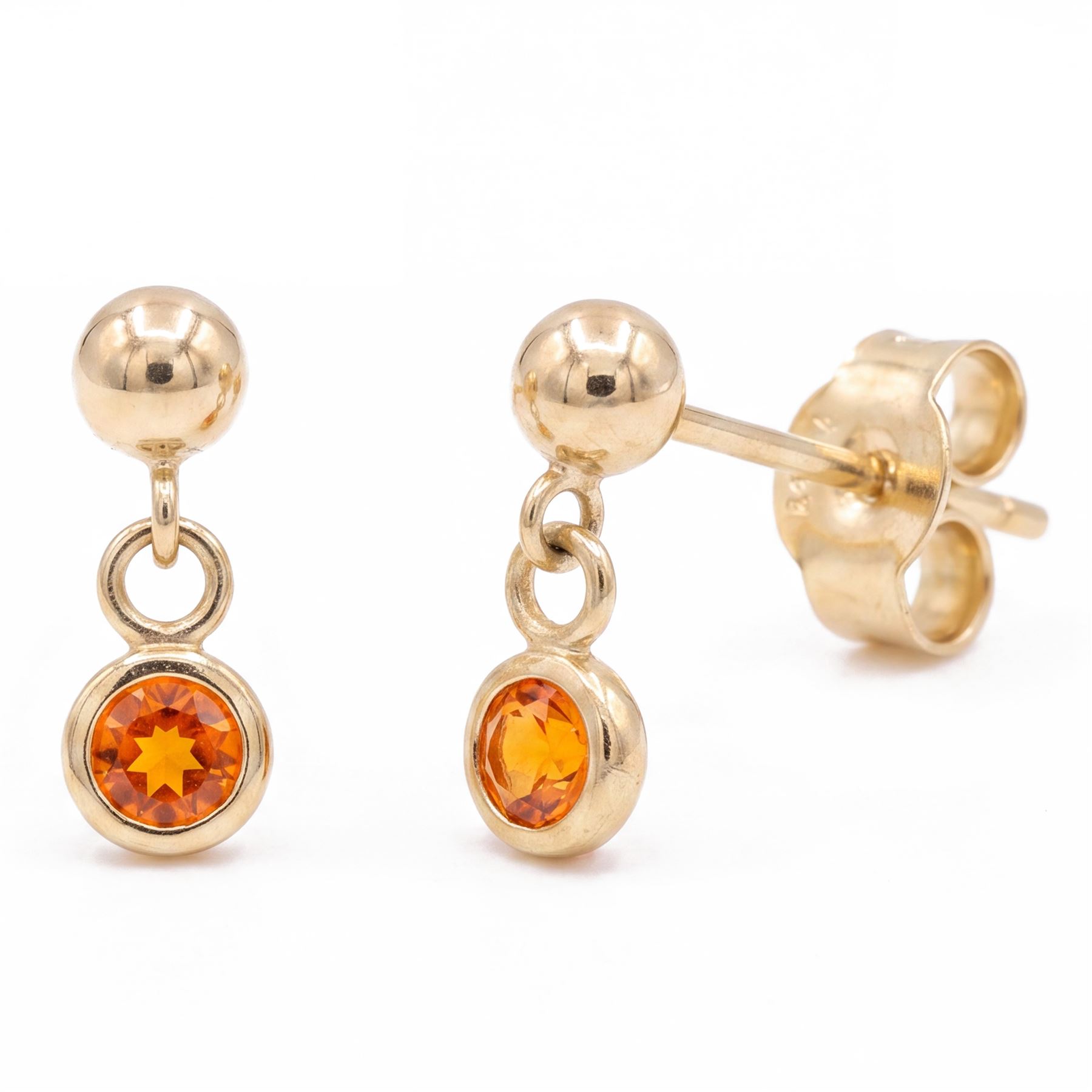 Pair of 9ct gold fire opal pendant earrings, each stud set with a single round cut opal, stamped 375