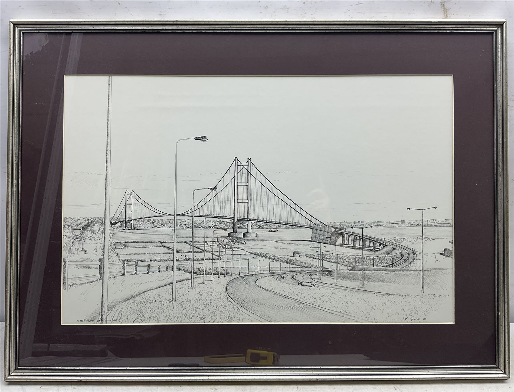 Neil Spilman (British 1951-): 'Humber Bridge from South Bank', pen sketch signed, titled and dated '81, 41cm x 65cm 