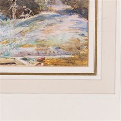 Thomas Walter Wilson (British 1851-1912): Fishermen By the River, watercolour faintly signed 16cm x 34cm;W Smith (British 19th Century): Forest Path, oil on canvas signed and dated '70, 19cm x 39cm (2)