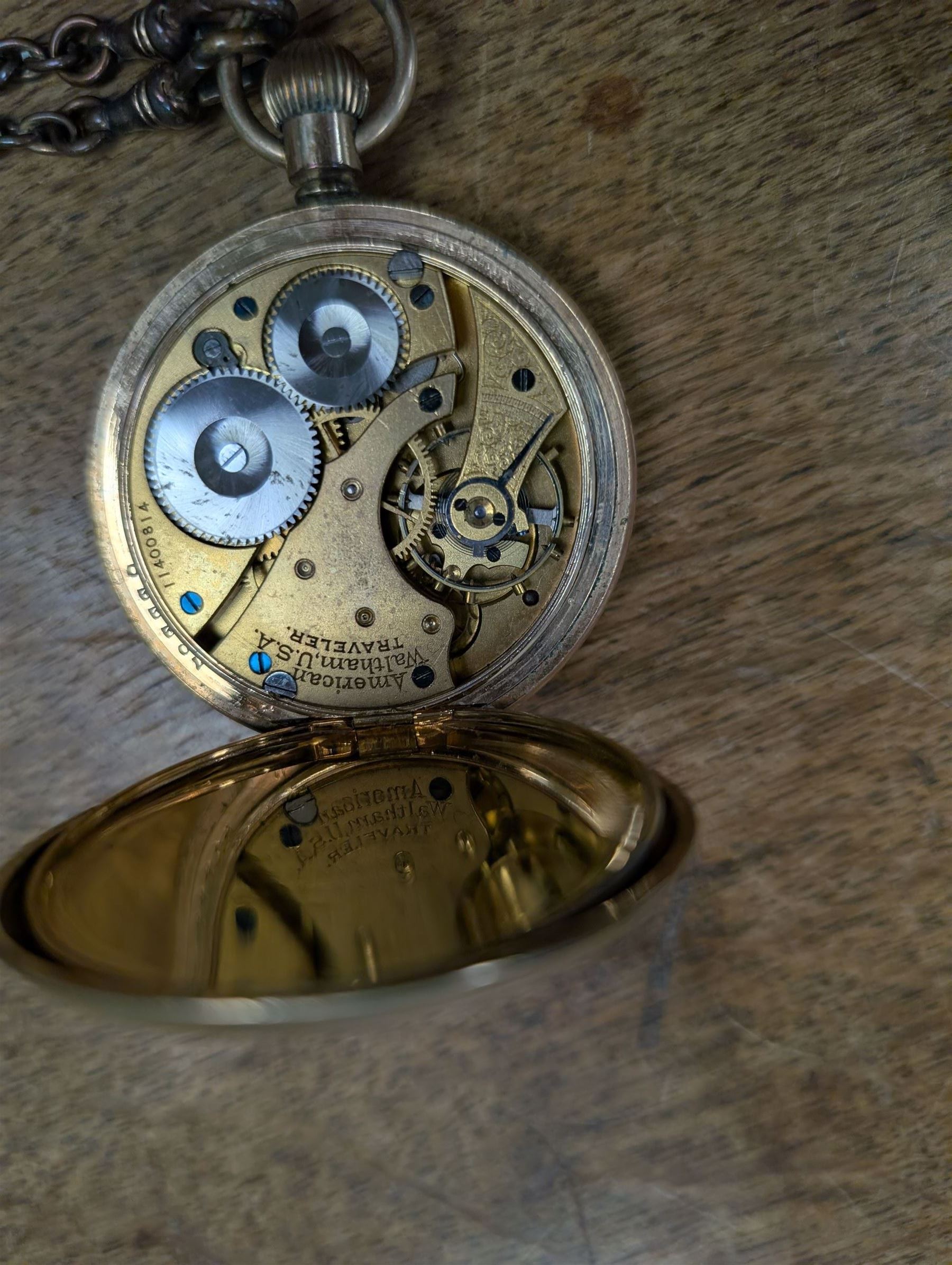 Gold plated Waltham open faced pocket watch, with base metal albert chain and plated bloodstone fob