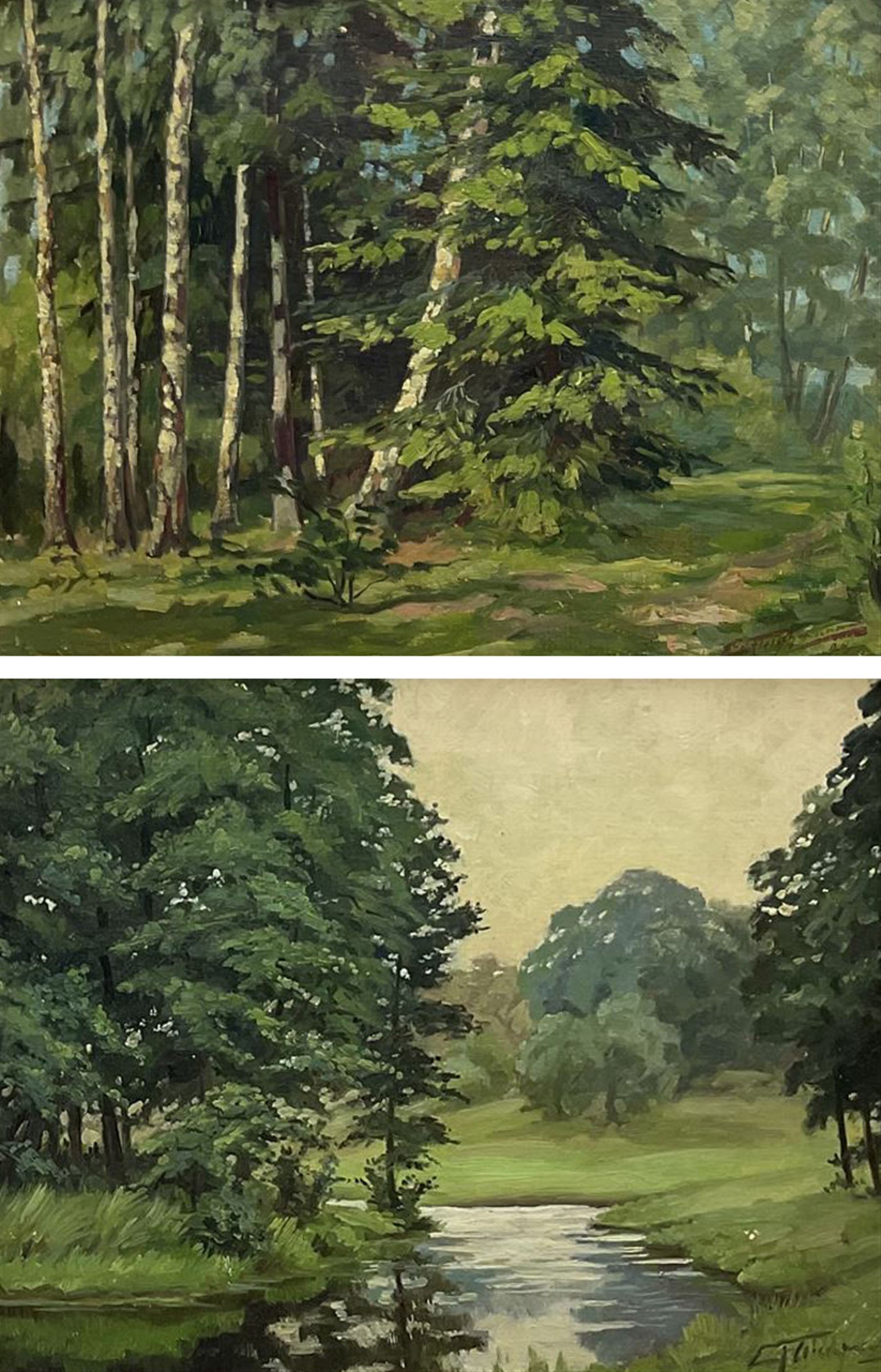 C Fleischmann? (German early 20th century): Forest Landscapes, pair oils on canvas laid on board indistinctly signed, one dated '28, 27cm x 35cm (2)