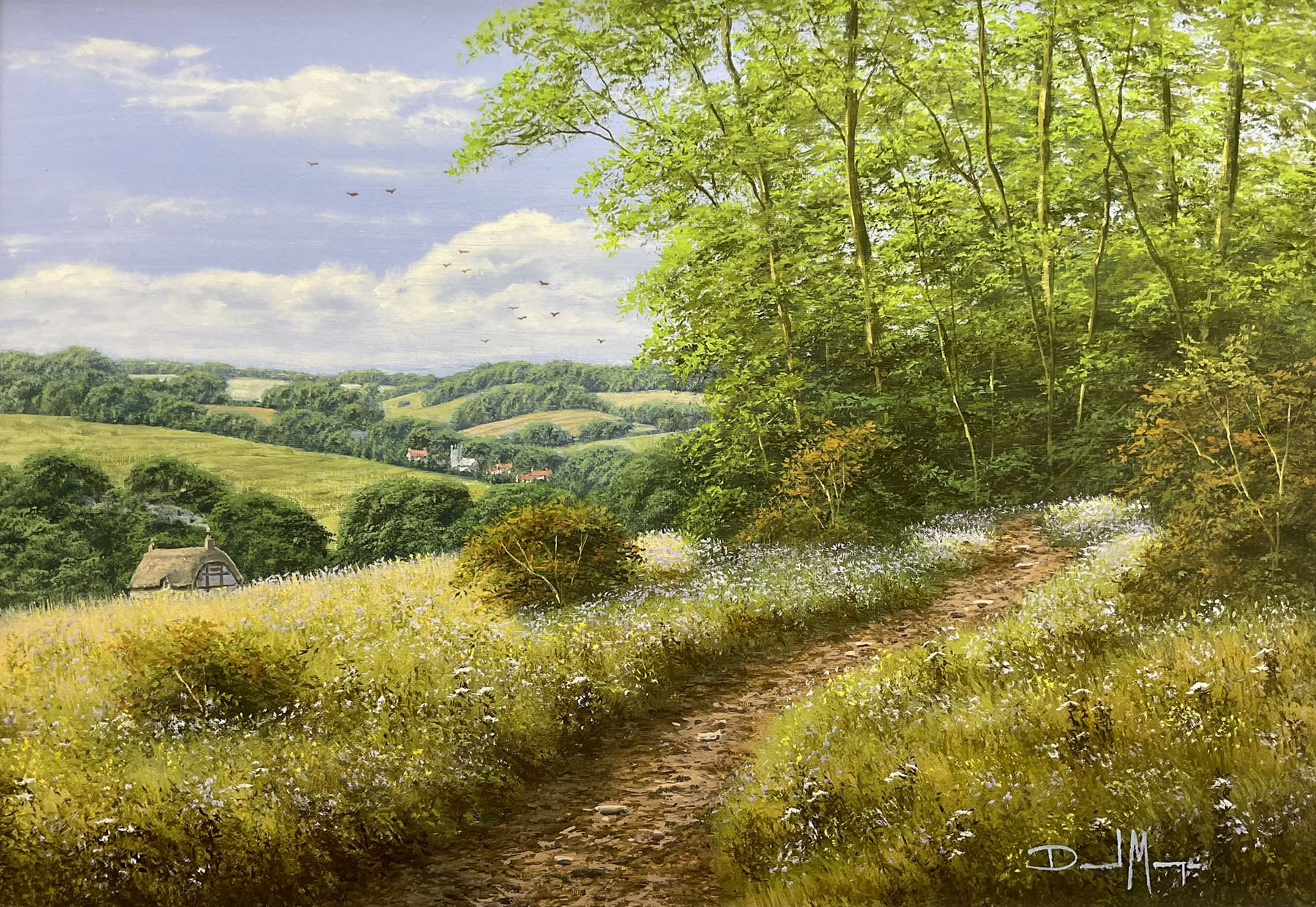 David Morgan (British 1964-): 'Bluebell Path', oil on canvas signed, titled and dated 1999 verso 34cm x 50cm
Provenance: with E Stacy-Marks, Polegate, East Sussex, Stock No.MO888, label verso