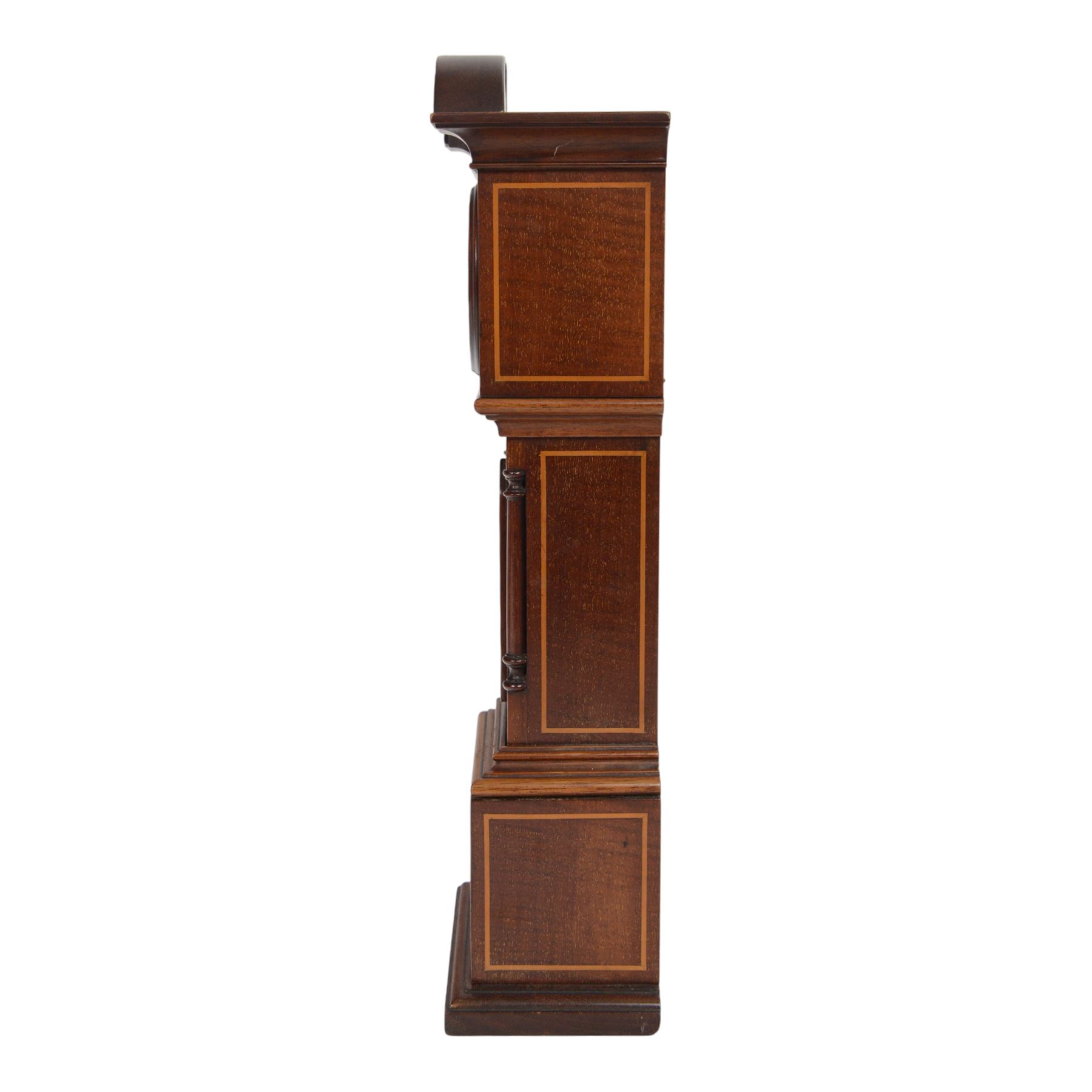 Edwardian mahogany and marquetry miniature longcase clock, the case with ogee top, over arched door flanked by turned columns, the base, door and top with classical urn and floral marquetry detail, housing goliath pocket watch, the white enamel dial with Roman numerals, chapter ring and subsidiary dial, and marked W. Thornhill & Co Ltd 144 New Bond St London, H38cm