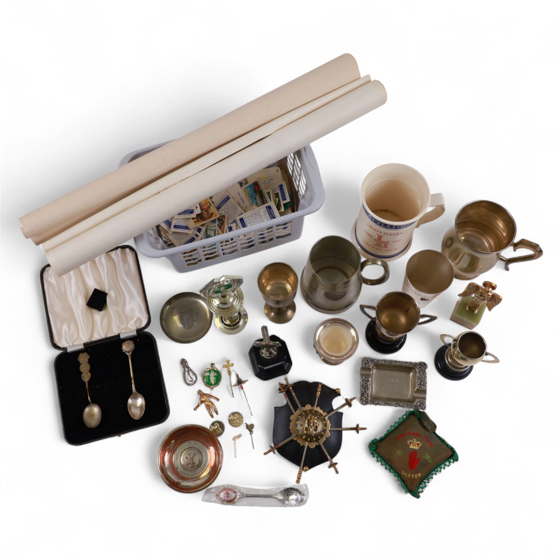 Collection of sporting tankards and trophies, awarded to Colin Appleton former Scarborough FC manager, together with two Spanish posters, cigarette cards and other souvenirs