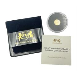 Queen Elizabeth II Alderney 2020 '80th Anniversary of Dunkirk' gold proof quarter sovereign coin, with certificate