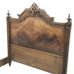  French Louis XVI style walnut double 4' 6'' bedstead, ornate carved shell pediment to headboard, turned finials, W146cm, H155cm, L205cm  