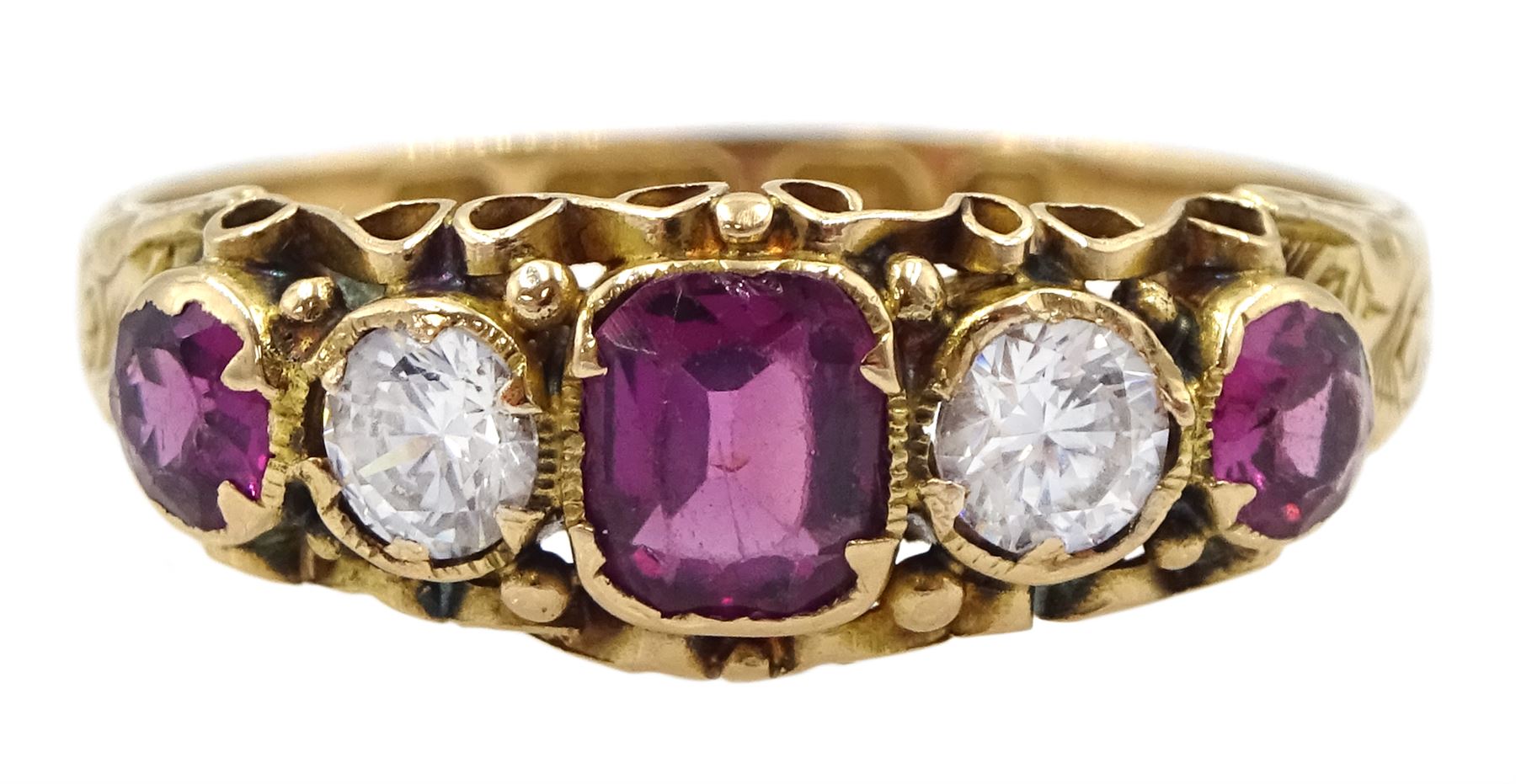 Victorian 15ct gold five stone clear and purple paste ring, Birmingham 1866