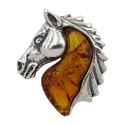 Silver Baltic amber horse pendant, stamped 925 