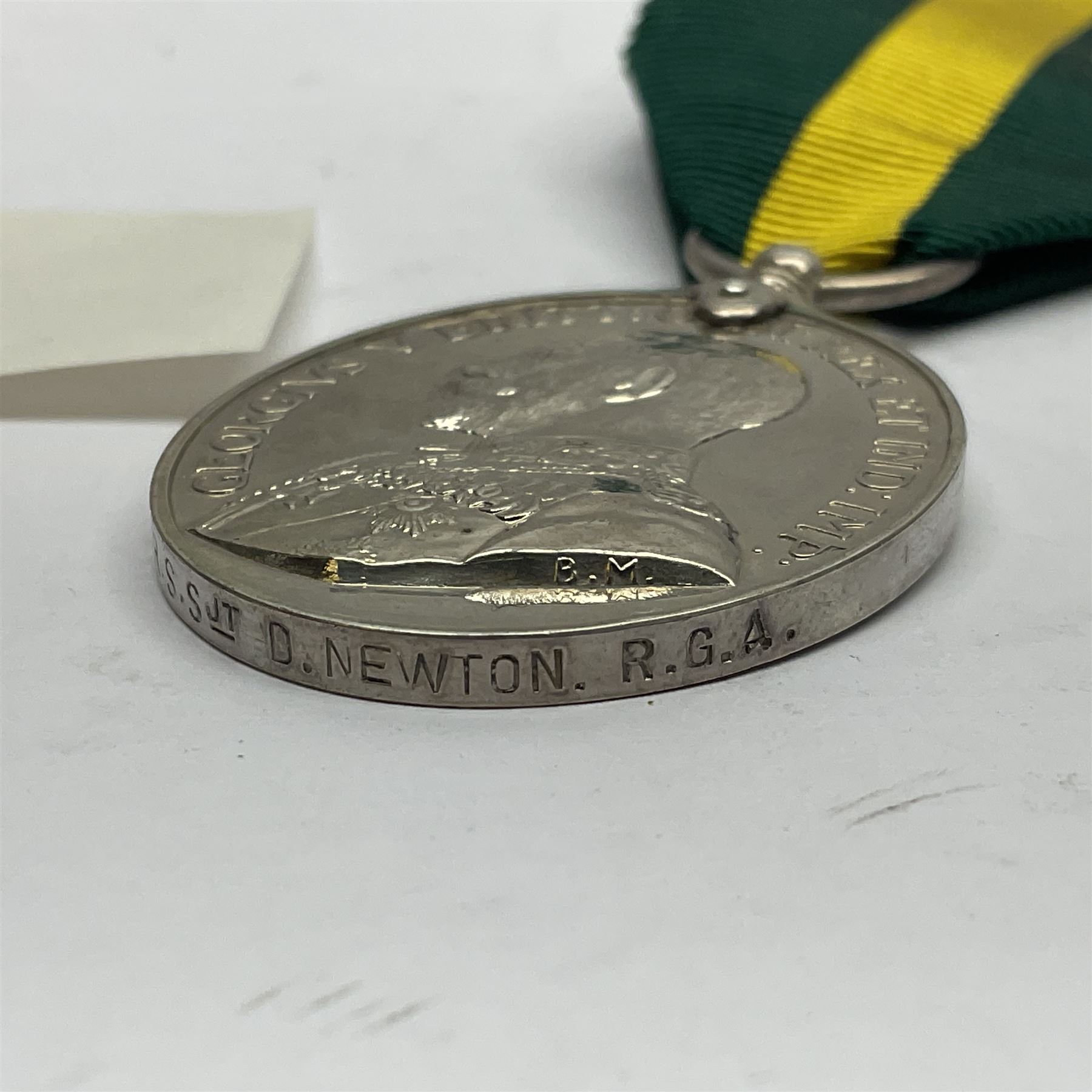 George V Naval Long Service and Good Conduct Medal awarded to K19570 J.L. Honeysett L. Sto. H.M.S. Royal Oak; and George V Territorial Force Efficiency Medal awarded to 312762 Ftr. S/Sjt. D. Newton R.G.A.; both with ribbons (2)