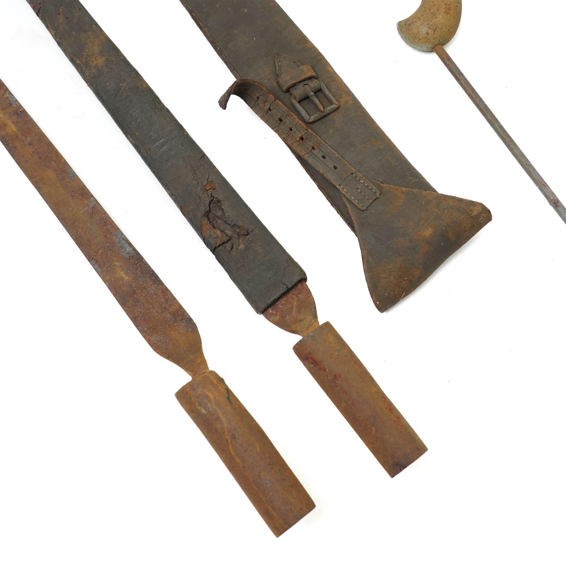 19th century Brown Bess socket bayonet with leather scabbard, another without scabbard, early air pistol etc 
Provenance: property of a Nobleman