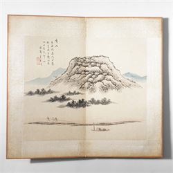 Chinese fold out book, comprising 12 hand-coloured woodblock landscapes each bearing inscription and artists seal  
