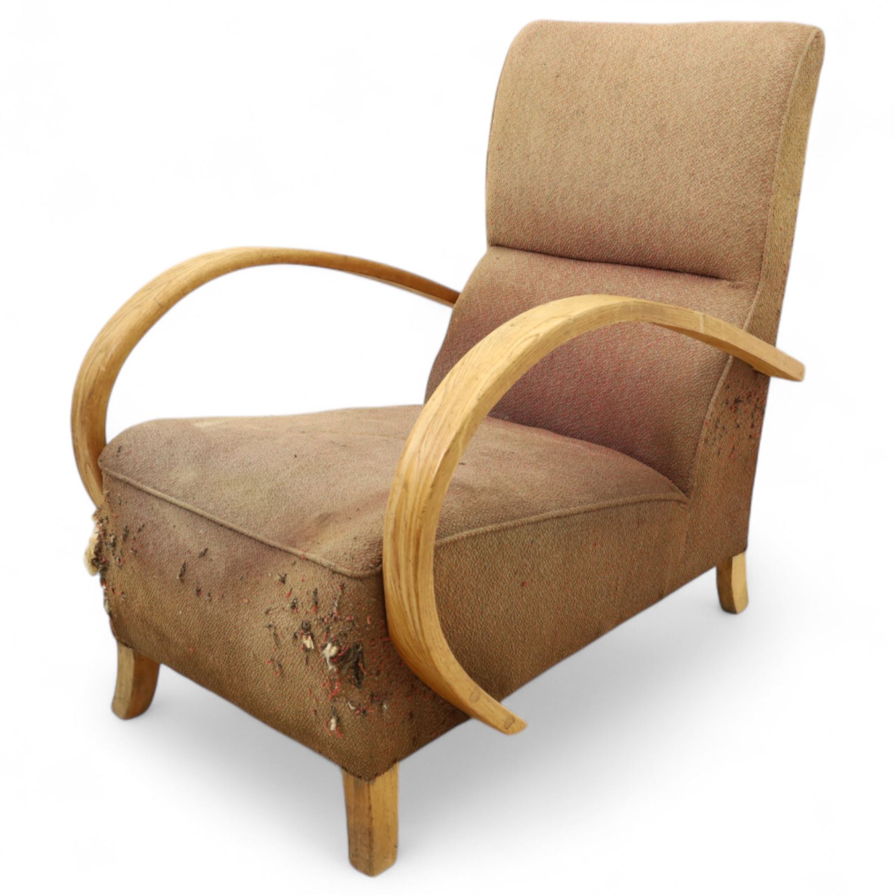  1930s Art Deco bentwood armchair, with sprung seat and arched laminated arms, upholstered in original pink-brown wool fabric, raised on square supports