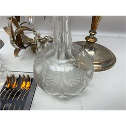Two silver plate candelabras, together with two glass decanters, necklace and other collectables 