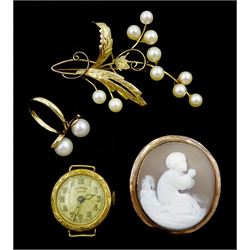 Gold two stone pearl ring, gold pearl foliate brooch, Victorian rose gold cameo brooch and a gilt wristwatch