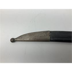 Turkish Model 1874 sword bayonet with 57.5cm curving steel fullered blade and chequered black grip, in steel mounted leather scabbard L75.5cm overall