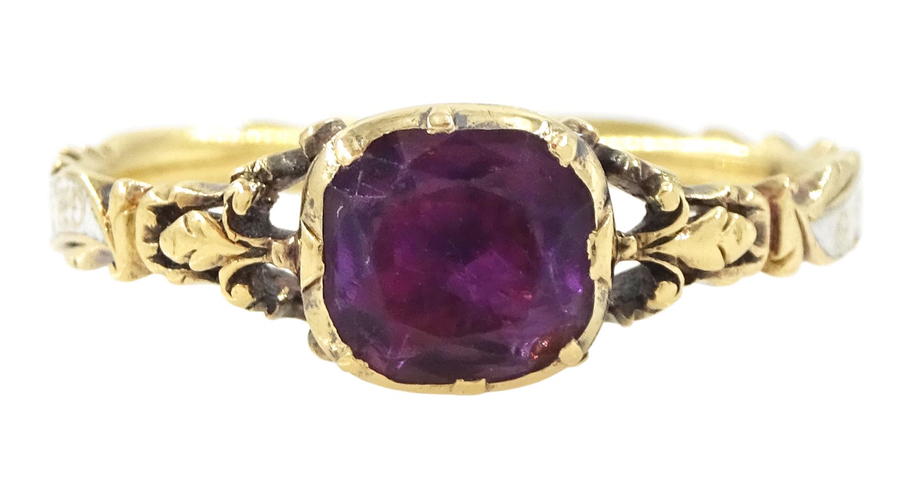 George II 18ct gold amethyst and enamel mourning ring, single cushion cut amethyst, with foiled and glazed back, to pierced fleur-de-lis shoulders, the white enamelled shank engraved Grace Hutchinson OB: 13 Dec: 1756