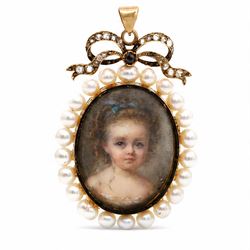 19th century French gold portrait miniature pendant / locket, set with an oval portrait on...