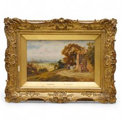 Robert Gallon (British 1845-1925): Horse and Cart by Church - 'Warrick (Warwick)', oil on canvas signed 17cm x 27cm