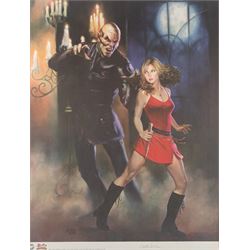 Signed Buffy the Vampire Slayer montage, comprising limited edition print signed by artist Julie Bell to the centre bordered by signed cast photographs to include Sarah Michelle Gellar, Anthony Head, Alyson Hannigan, David Boreanaz, James Marsters and Juliet Landau, in large presentation frame, frame H109cm, W126cm
