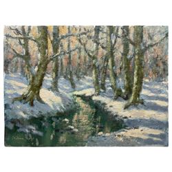 William Burns (British 1923-2010): 'The Woods in Winter', oil on canvas laid onto board signed, titled verso 30cm x 40cm (unframed)
Provenance: consigned by the artist's daughter - never previously been on the market.