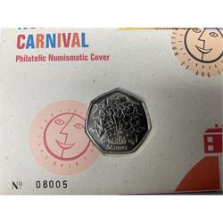 Eight coin covers including, 'Her Majesty Queen Elizabeth II 70th Birthday' containing a 1996 Canadian one ounce silver coin, three coin covers commemorating the 21st Birthday of HRH Prince William each containing a silver coin, '1895 1952 A Tribute to HM King George VI' containing a South Africa 1952 five shilling coin, 'The Notting Hill Carnival' containing a 1998 fifty pence etc (8)