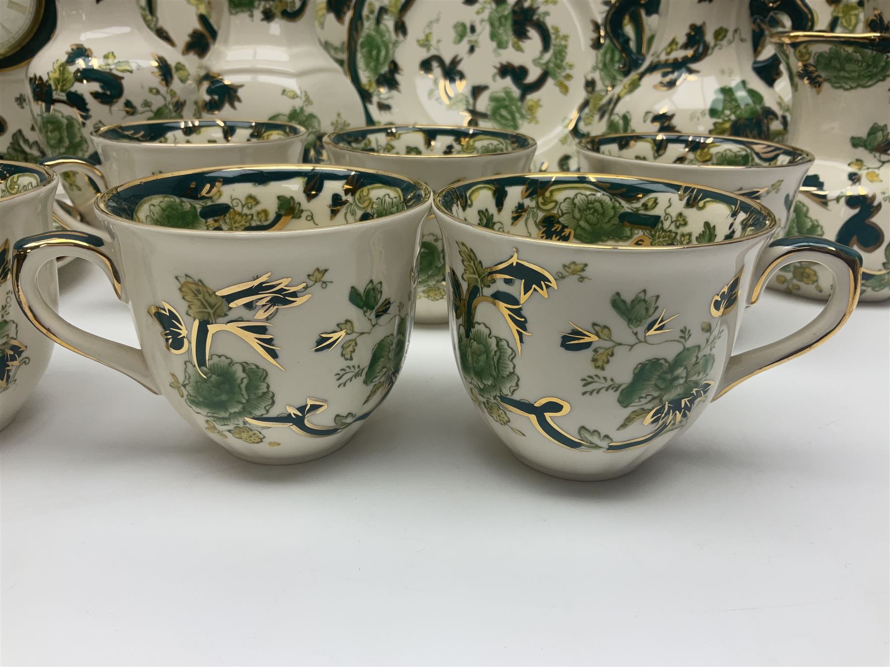 Collection of Masons Ironstone Chartreuse pattern, to include clock, six teacups, twin handled dish, ring dish, plates vases, etc, many with original boxes, clock H24cm 