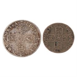 William III 1698 silver shilling and Anne 1707 silver sixpence coins (2)