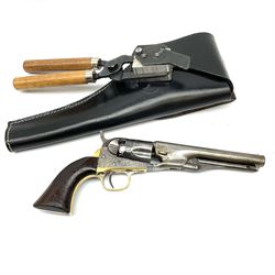 Colt .36 calibre percussion five-shot police pocket revolver, all parts with matching serial no.18334, 14cm barrel marked 'Address Col Saml Colt New York US America' with under barrel swivel rammer, brass trigger guard and backstrap with two-piece wooden grips L28.5cm; with modern bullet maker and leather holster.