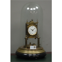  Late 19th century 'Jahresuhrenfabrik' anniversary clock, white enamel Roman dial signed 'D.R. Patent 2437... R.L Patent 2182... U.S Patent 269052', under glass dome on moulded brass and ebonised base, H35cm (including dome)  
