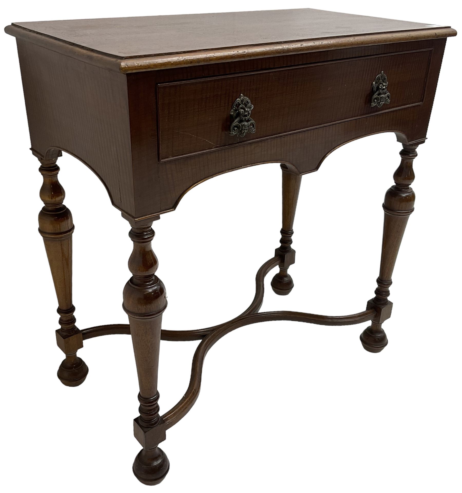 Georgian design mahogany lowboy, fitted with single cock-beaded drawer over double-arched apron, raised on turned supports united by shaped X-stretcher