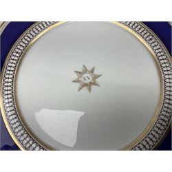 Collection of Regimental dinner wares, Comprising Royal Sussex; two dinner plates, two side plates and a soup bowl, Royal Leicestershire; two dinner plates, East Yorkshire Regiment side plate and Gordon Highlanders side plate, all decorated with the regiment's crests and blue and gilt boarders (9)