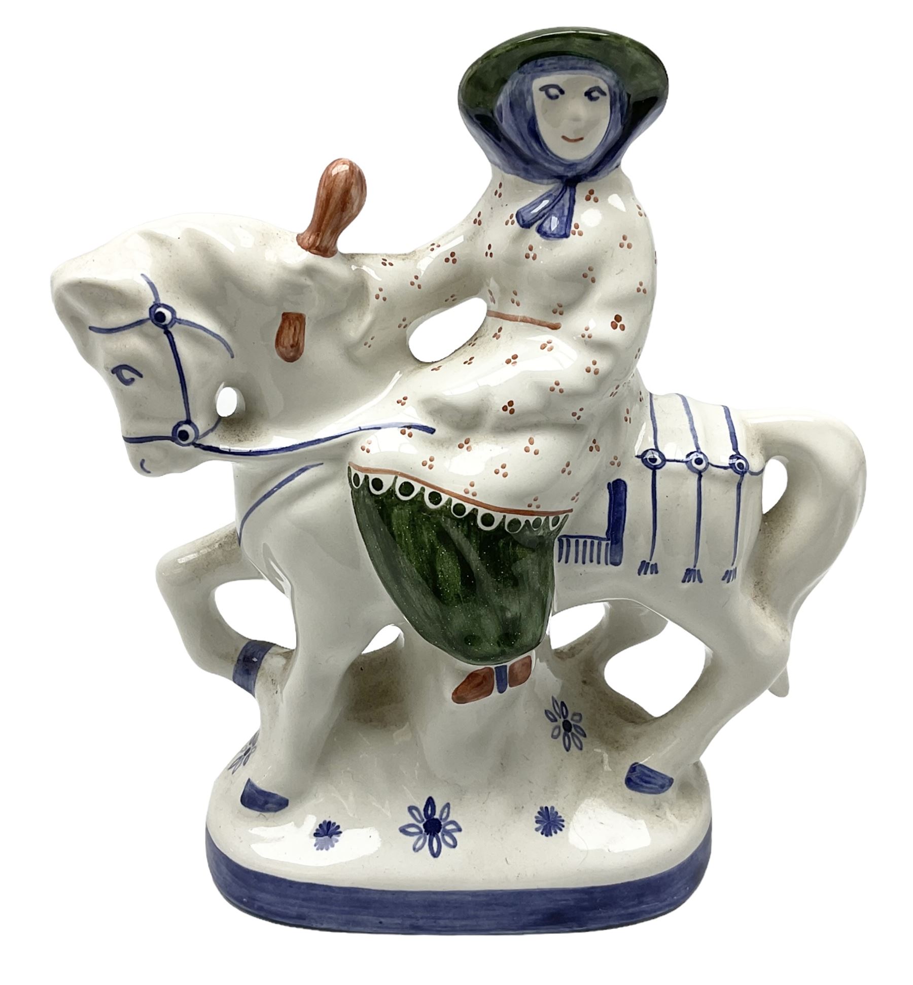 Rye pottery figure modelled as a lady upon a horse, with printed marks beneath, H19cm