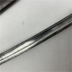 19th century French 1822 Pattern Light Cavalry trooper's sword with 88.5cm slightly curving fullered blade, brass three-bar hilt and wire-bound leather grip; in polished steel scabbard with two suspension rings L110.5cm overall