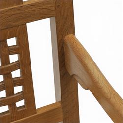 Mouseman - oak rocking chair, high lattice back, carved Mouse signature, by Robert Thompson's of Kilburn