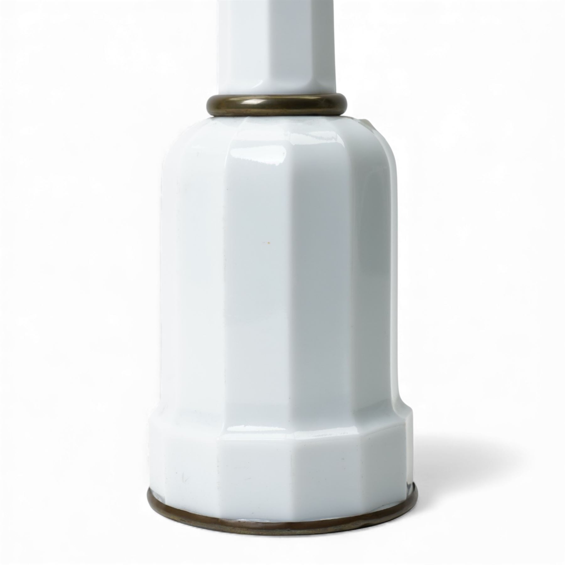 19th century Bohemian white glass table lamp of facetted mallet form with brass mounts H53cm excluding bulb holder